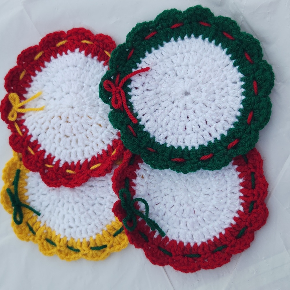 Handmade Colorful Holiday Crochet Coasters Set (4) Red, Green, Gold, White